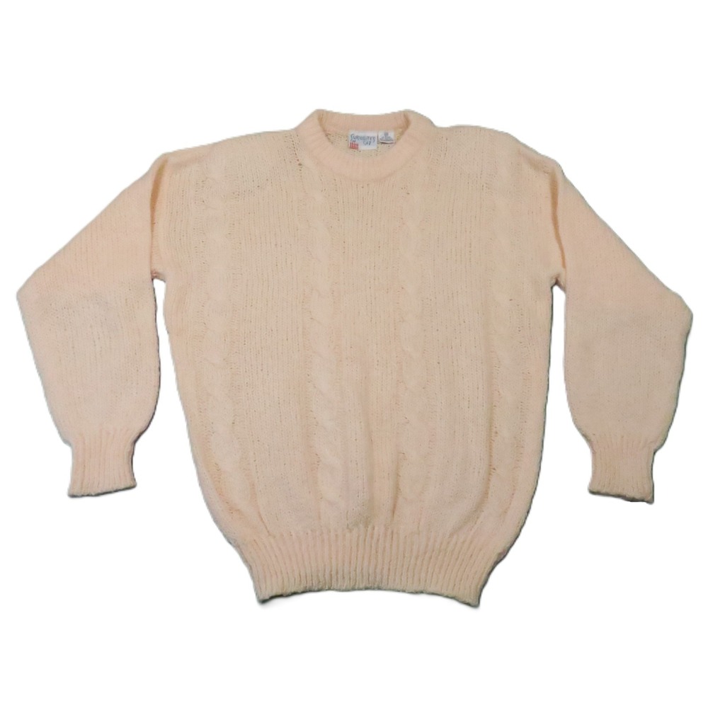 Curiositys Cat Cable Knit Sweater 18W Peach Shoulder Pads Grandma Vintage Pastel